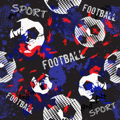 Obraz premium Abstract seamless football pattern for boys. Sport football pattern. Grunge sport urban backdrop with football ball. Sport wallpaper on black background with multicolor spots. Repeated pattern.