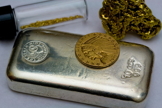 10 Ounce Silver Bullion Bar, 1911 Gold $5 Indian Coin and Natural Gold Nuggets