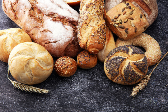 Different kinds of bread and bread rolls. Kitchen or bakery poster design