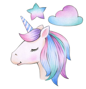  Cute, magic unicorn portrait star and cloud elements, isolated on white.