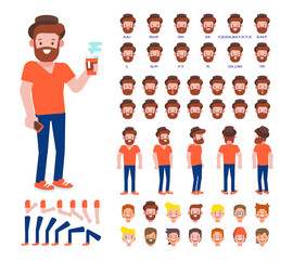 Flat Vector Bearded Man for your scenes. Hipster Character creation set with various views, hairstyles, face emotions, lip sync and poses. Parts of body template for design work and animation.