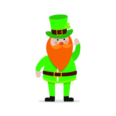 Happy flat desing leprechaun for St. Patrick's day vector illustration. Hat, beard, clover leaf
