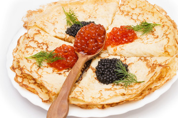 crepes with black and red caviar