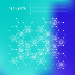 Bad habits concept in honeycombs with thin line icons: abuse, alcoholism, cigarette, marijuana, drugs, fast food, poker, promiscuity, tv, video games. Modern vector illustration.