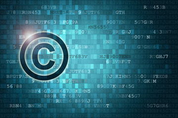 Pixelated copyright icon on digital background with copyspace. Law concept