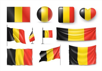 Set Belgiumn flags, banners, banners, symbols, flat icon. Vector illustration of collection of national symbols on various objects and state signs - obrazy, fototapety, plakaty