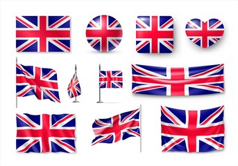 Set United Kingdom flags, banners, banners, symbols, flat icon. Vector illustration of collection of national symbols on various objects and state signs