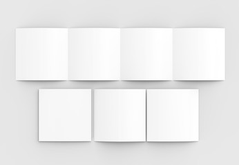 Fototapeta na wymiar Square four folded - 4-Fold - brochure mock-up isolated on soft gray background. 3D illustrating.