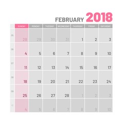Practical light-colored planner, 2018, February, flat. Useful calendar for taking every day notes. Vector illustration