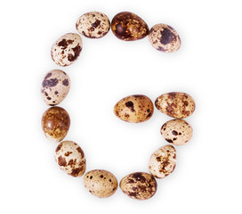 quail eggs in the shape of the letter E on a white background
