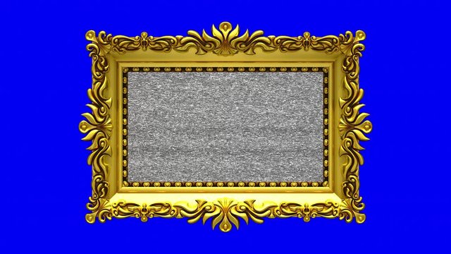 Blue screen on background. Tv noise and green chroma key plays on the screen in ornate gold picture frame. 3D animated intro.