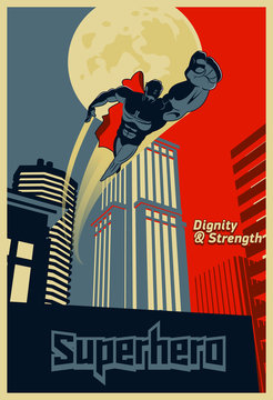 Superhero flying through the night city. Blue and red graphic poster.