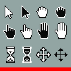 Vector pixel computer cursor icons set. Arrow, pointer, palm, drag, move, hourglass, hand cursor. Black and white EPS 10 illustrations.