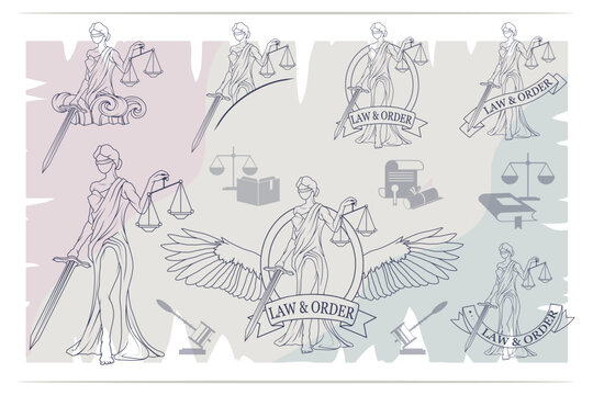 Justice Set. Femida -lady of justice. Lady Lawyer logo. Themis emblem. Law And Order Company Vector Logo Design Template.