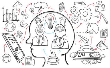 outline drawing of icons and symbols for business on white background