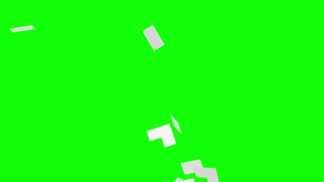 White mosaic background breaks up into small pieces and reveals green screen. 3D animation, chroma key.