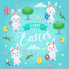 Happy Easter - a cute cartoon Easter bunny with spring landscape, eggs, flowers, chichen, trees. Vector illustration design template