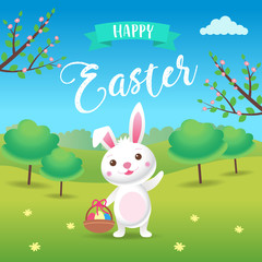 Happy Easter - a cute cartoon Easter bunny with spring landscape, eggs, flowers, chichen, trees. Vector illustration design template