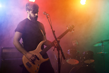 Bass player perform on stage.