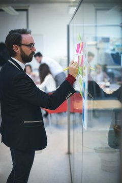 Business executive writing on sticky notes
