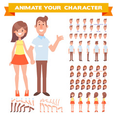 Front, side, back view animated characters. Man and woman characters creation set with various views, hairstyles, face emotions. Cartoon style, flat vector illustration.