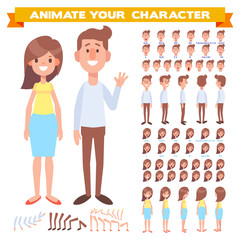 Front, side, back view animated characters. Man and woman characters creation set with various views, hairstyles, face emotions. Cartoon style, flat vector illustration.