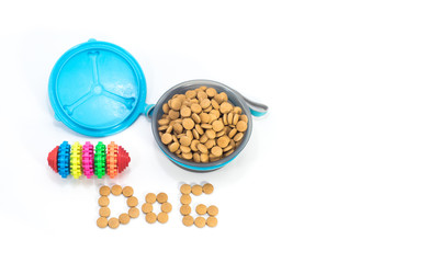 Portable bowls feeding and food with toys isolated on white background.