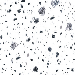 Black and white seamless pattern with pencil drawn doodles
