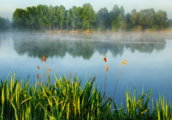 spring morning. a picturesque foggy dawn by the river. Sun rays