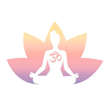 recommend clip art: Meditation. Woman silhouette, religious symbol, lotus flower in pastel colors gradient. Isolated on white. Vector illustration for yoga studio logo, icon, poster, banner, label or card design.