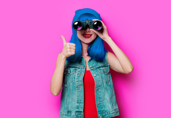 hipster girl with blue hair and binoculars