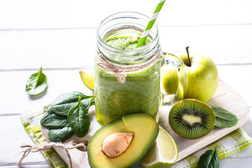 Green smoothie in mason jar.