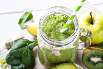 Green smoothie in mason jar.