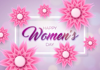 8 March. Happy Women's Day Floral Greeting card. International Holiday Illustration with Flower Design on Pink Background. Vector Spring Template.