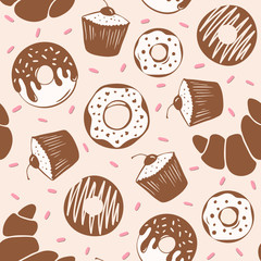Sweet vector illustration. Vector seamless pattern of brown hand drawn donuts, croissant and muffin on light beige background.
