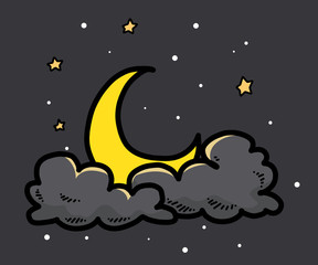 moon, cloud and sky / cartoon vector and illustration, hand drawn style, isolated on dark background.