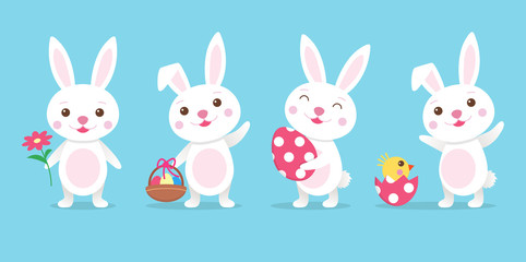 Obraz na płótnie Canvas Cute cartoon easter bunny in 4 different poses, greeting card, banner design. Vector illustration