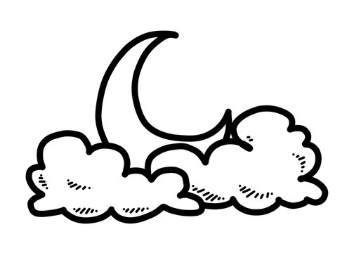 moon, cloud and star / cartoon vector and illustration, black and white, hand drawn, sketch style, isolated on white background.