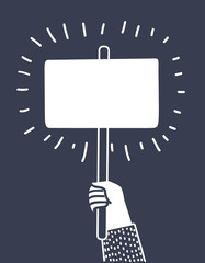 Hand holding banner. Protest concept and sign. Vintage engraving stylized drawing. Vector illustration