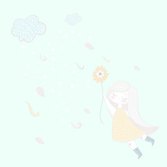 A small cloud blows and a sweet girl flies on a flower.