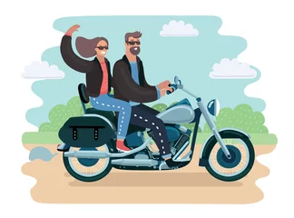 Foto op Plexiglas Vector illustration of adventurous elderly couple riding a scooter in the park © iracosma