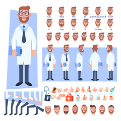 Flat Vector Male doctor character for your scenes. Character creation set with various views, hairstyles, face emotions, lip sync and poses. Parts of body template for design work and animation.