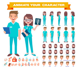 Obraz premium Front, side, back view animated characters. Male and Female doctors character creation set. Cartoon style, flat vector illustration.
