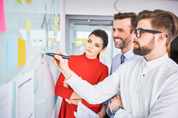 Business people discussing project on whiteboard in office