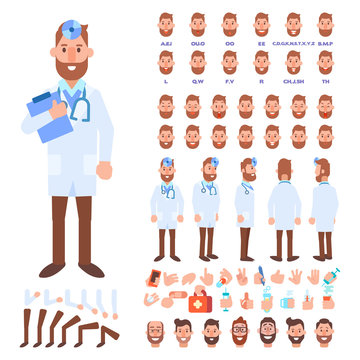 Flat Vector Male doctor character for your scenes. Character creation set with various views, hairstyles, face emotions, lip sync and poses. Parts of body template for design work and animation.