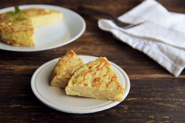 Slices of Tortilla, Spanish omelette made with eggs and potatoes. Traditional Spanish tapas or snack background.