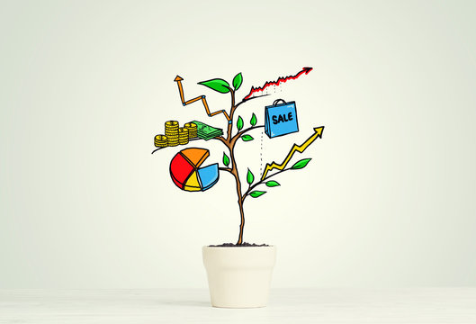 Drawn income tree in white pot for business investment savings and making money