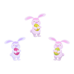 vector cartoon hand drawn stylized hare, rabbits character holding easter decorated eggs smiling set. Isolated illustration on a white background. Easter and spring symbols.