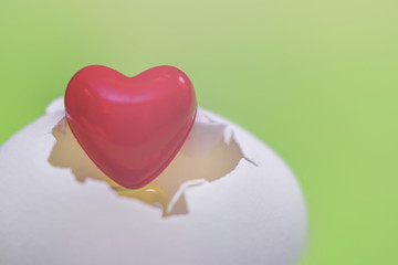 Small red heart in a white egg shell  on a green background
