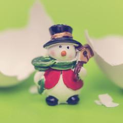 A small snowman toy hatched from an egg